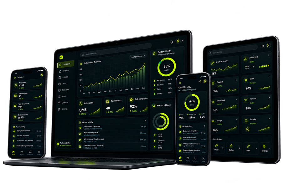 Everium Technologies digital experience: dashboard interface shown on laptop, tablet and mobile devices